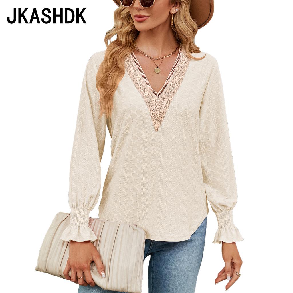 JKAASHDK женские модные повседневные однотонные принты весенне-осенние блузки и рубашки с v-образным вырезом и длинными рукавами