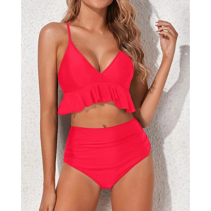 Купальник бикини с высокой талией, однотонный, раздельный дизайн, отделка краем в виде листьев, китайский бренд, модный женский купальник