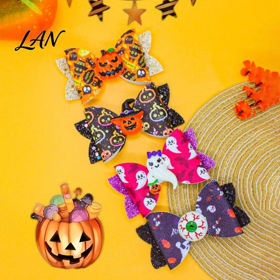 Festive Hair Styling Tools Halloween Glitter Bow Clips for Kids Baby Girls, Double Layer Holiday Themed Accessories Ghost/Pumpkin/Eyeball Bowtie Pins