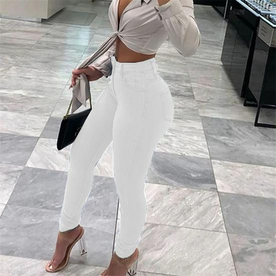 Весна 2025 Большой размер Джинсы с высокой посадкой и рваными деталями - Однотонные женские брюки