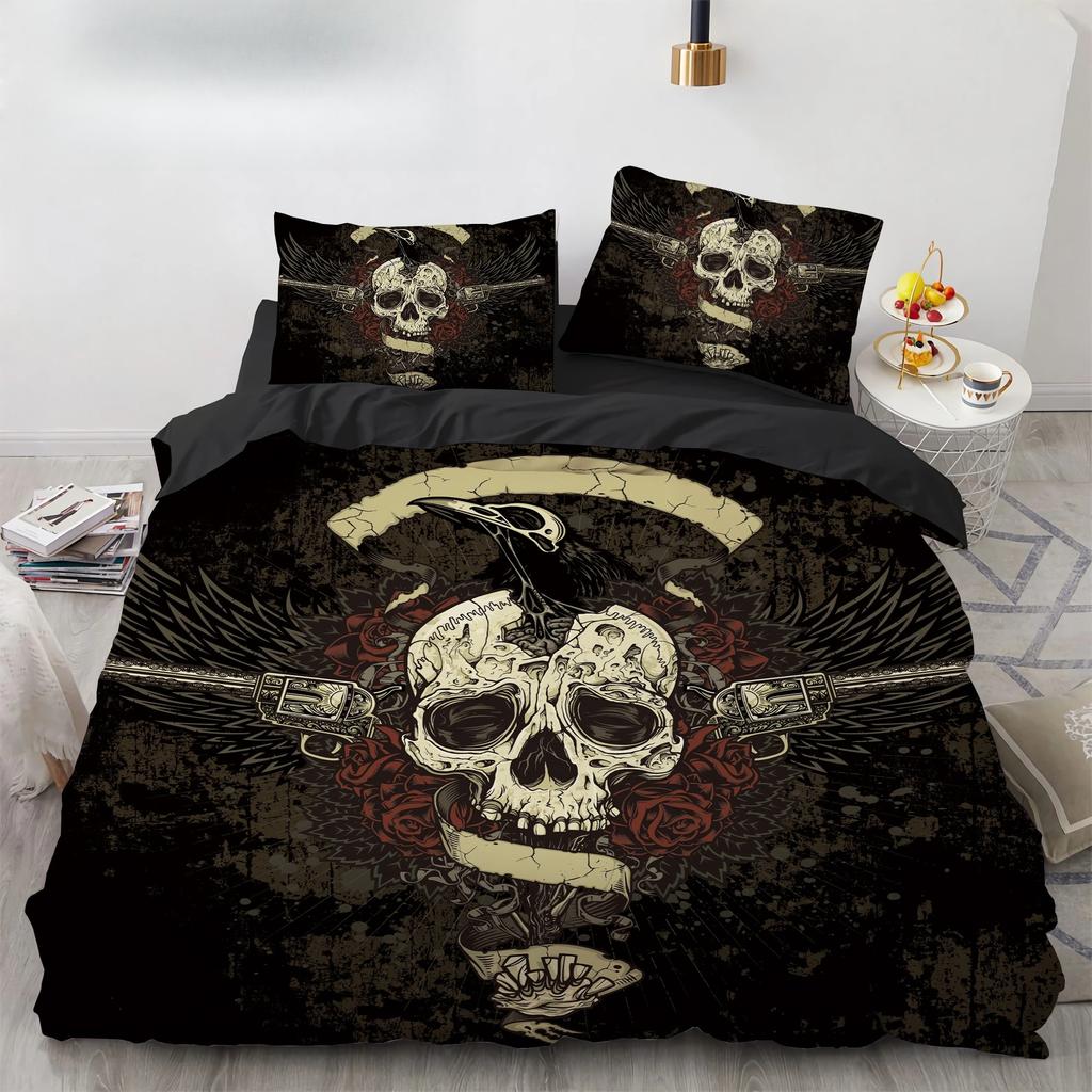 Комплект постельного белья Black Hat Skull Queen Size Хэллоуин Комплекты пододеяльников Современный стиль Спальный комплект постельного белья Чехол для одеяла Наволочки