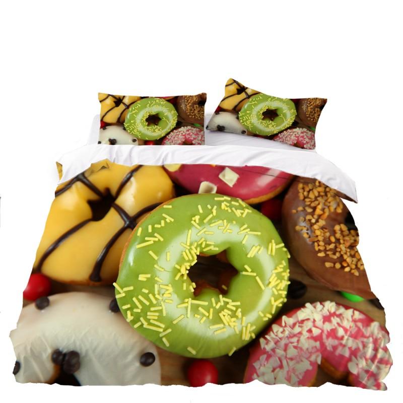 Twin/Full/Queen Size Cute 3D Food-Printed Down Quilt Cover & Pillowcase Bedding Set with Dessert Doughnut Pattern