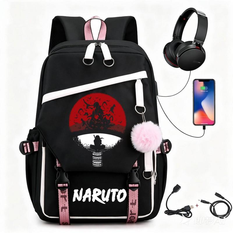 Anime Backpack Students Featuring Uchiha Itachi Design Canvas School Bag With USB Charging Port Unisex Street Style