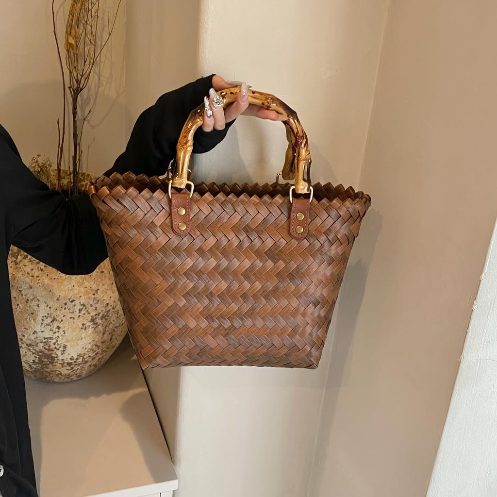 Handmade Woven Bag for Women  New Trendy Handheld Vegetable Basket Bag, Seaside Vacation Style Grass Woven Bucket Bag