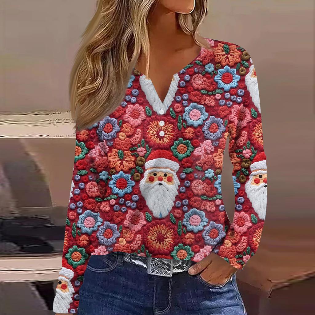 Женская модная повседневная футболка с V-образным вырезом, на пуговицах, с длинным рукавом, с рождественским принтом