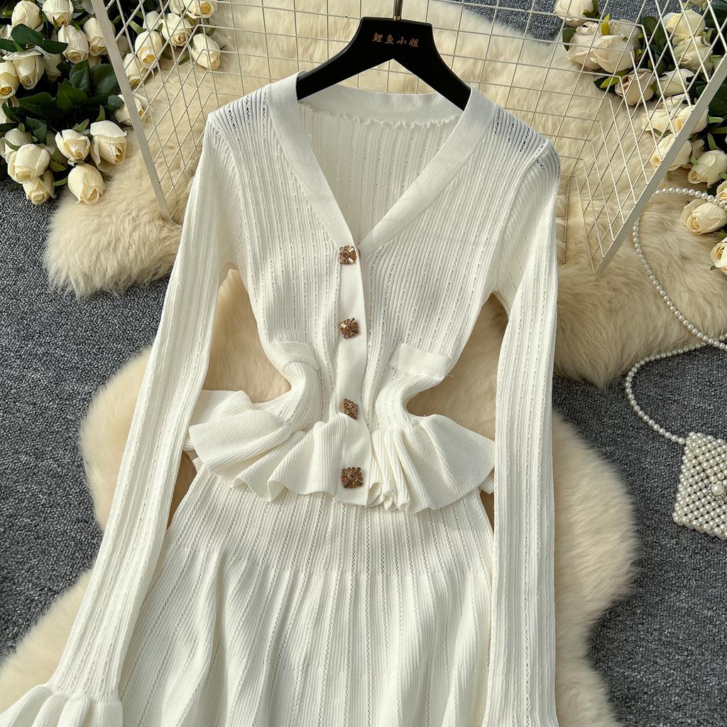 Элегантные вязанные винтажные шикарные платья с V-образным вырезом и длинными рукавами, облегающие платья для офисных леди во французском стиле, одежда для улицы, осень-зима