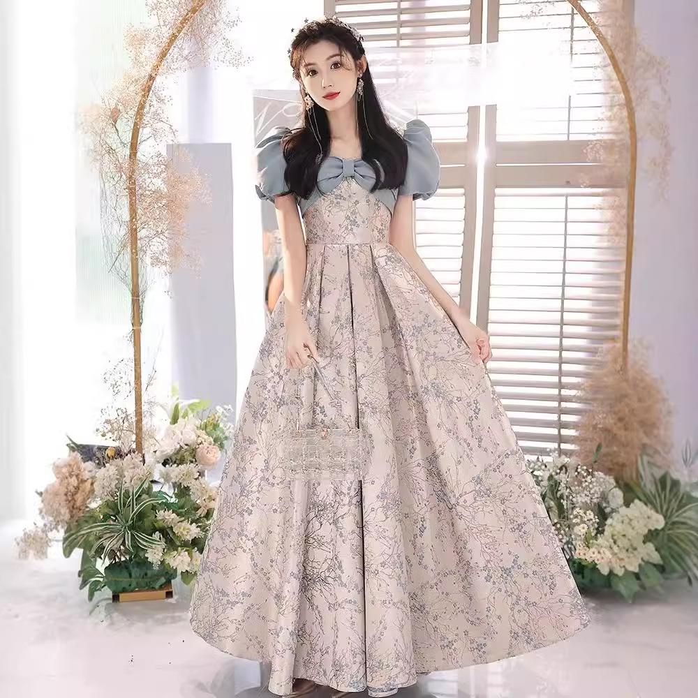 Blue evening dress female feeling on the run princess style coming of age light luxury niche annual meeting host banquet dress