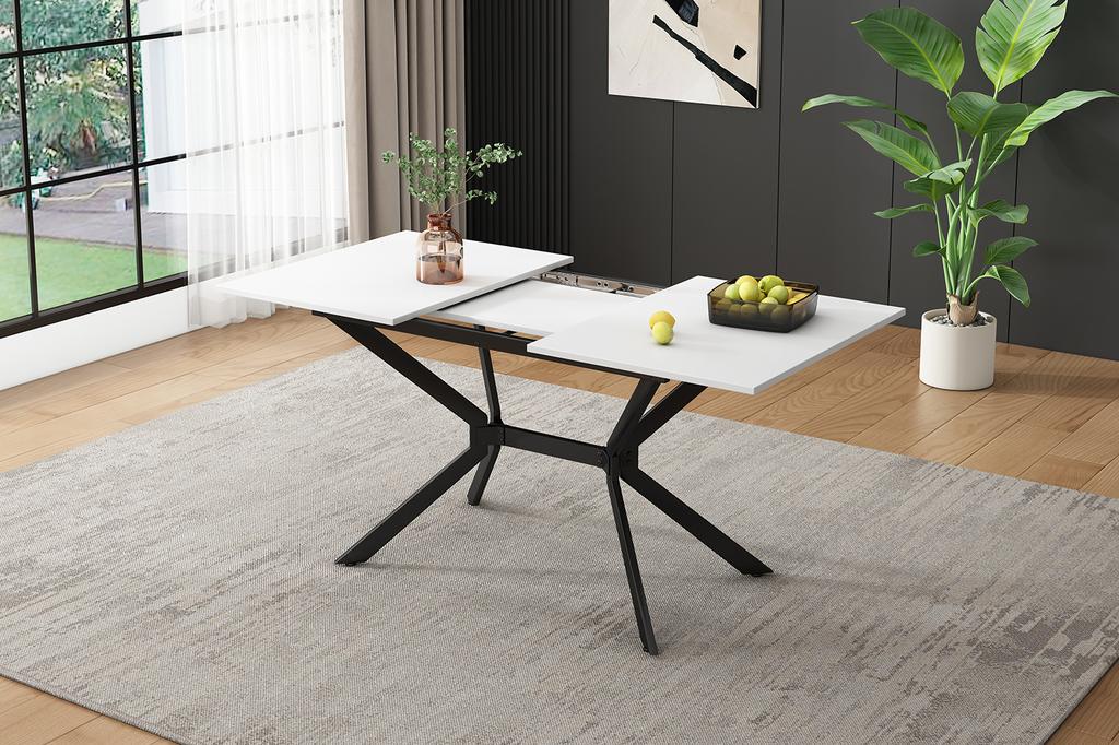 White Extendable Dining Table 120/160*80cm, Table Legs Made of Black Metal, White Rectangular Dining Table, Suitable for Four to Six People