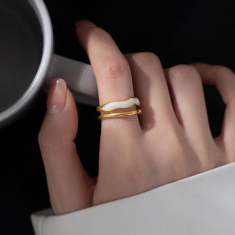 Кольцо открытое из серебра 925 пробы с двойным слоем волны - Женская корейская мода, Изысканное простое кольцо на указательный палец в холодном стиле.