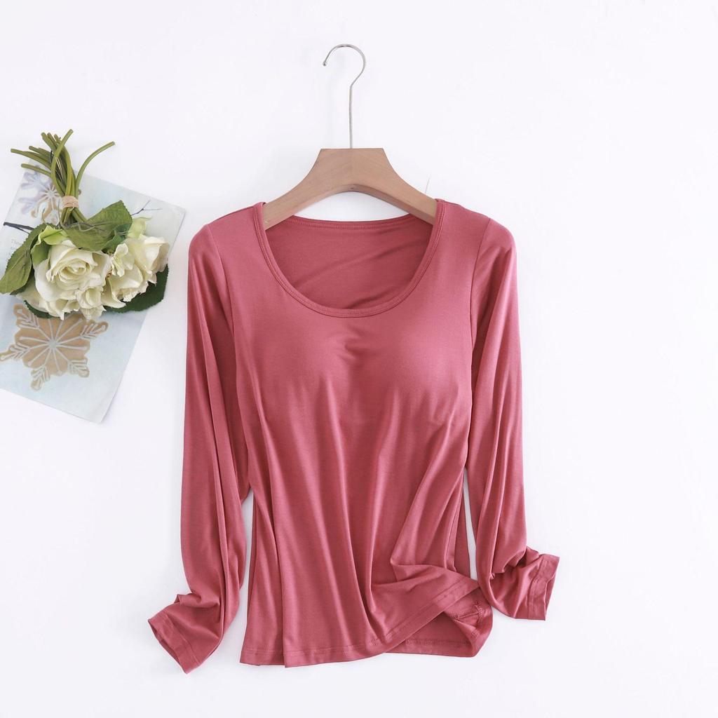 Женский однотонный топ с длинным рукавом и встроенной чашкой бюстгальтера – простой осенне-зимний стиль