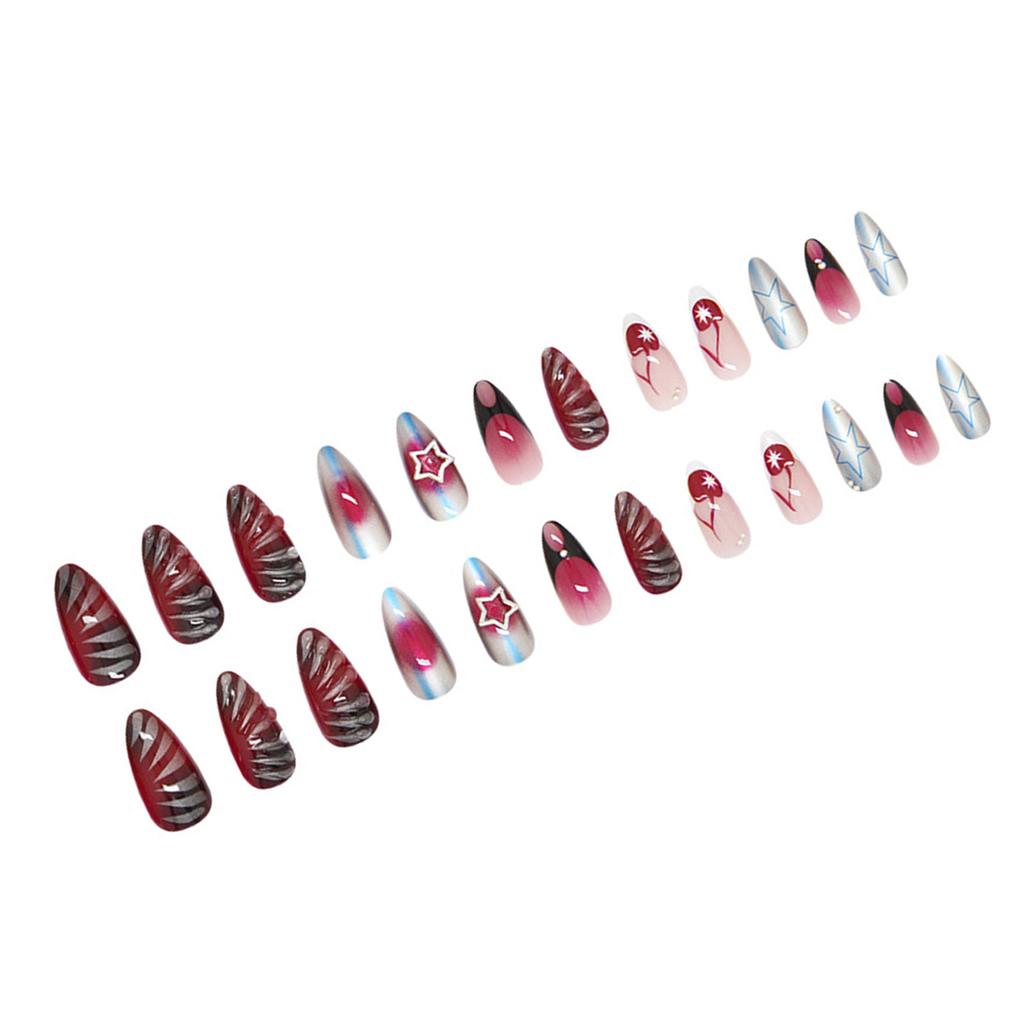 24PCS Blush Almond Fake Nails with Star Print Easy Effortless Application to Nails for Fingernail DIY Decoration