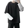 Men T-shirt Fake Two Piece Round Neck Long Sleeve Contrast Color Pullover Spring Loose Patchwork Bottoming Shirt Streetwear
