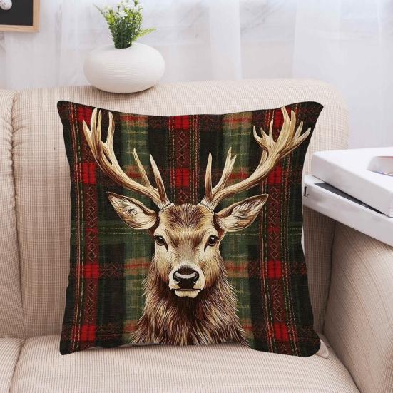 Christmas Elk Pillow Cover Red Green Plaid Elk Head Throw Pillow Cover 18 Inch X 18 Inch Winter Festive Pillowcase for Home Couch Sofa Bed Decoration