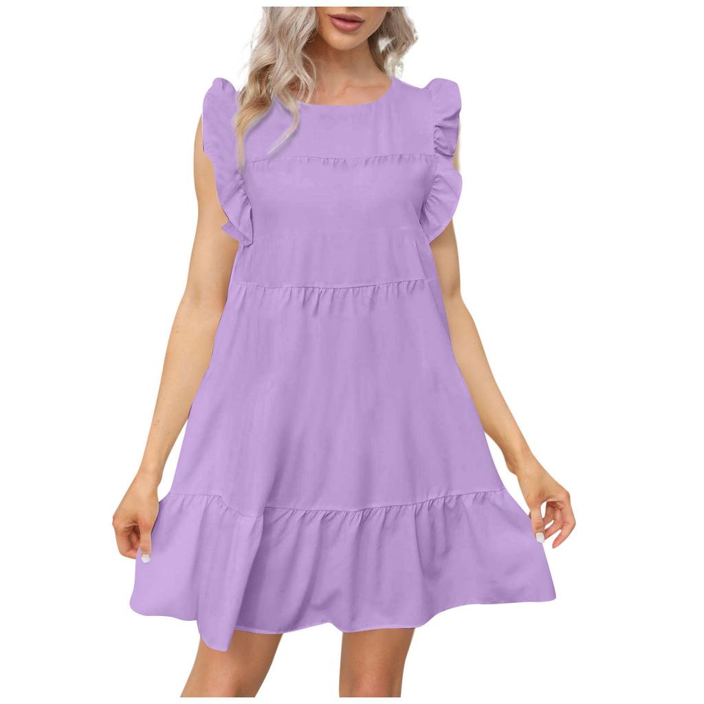 Women's Round Neck Casual Short Sleeve Ruffle-Trim Summer  Dresses