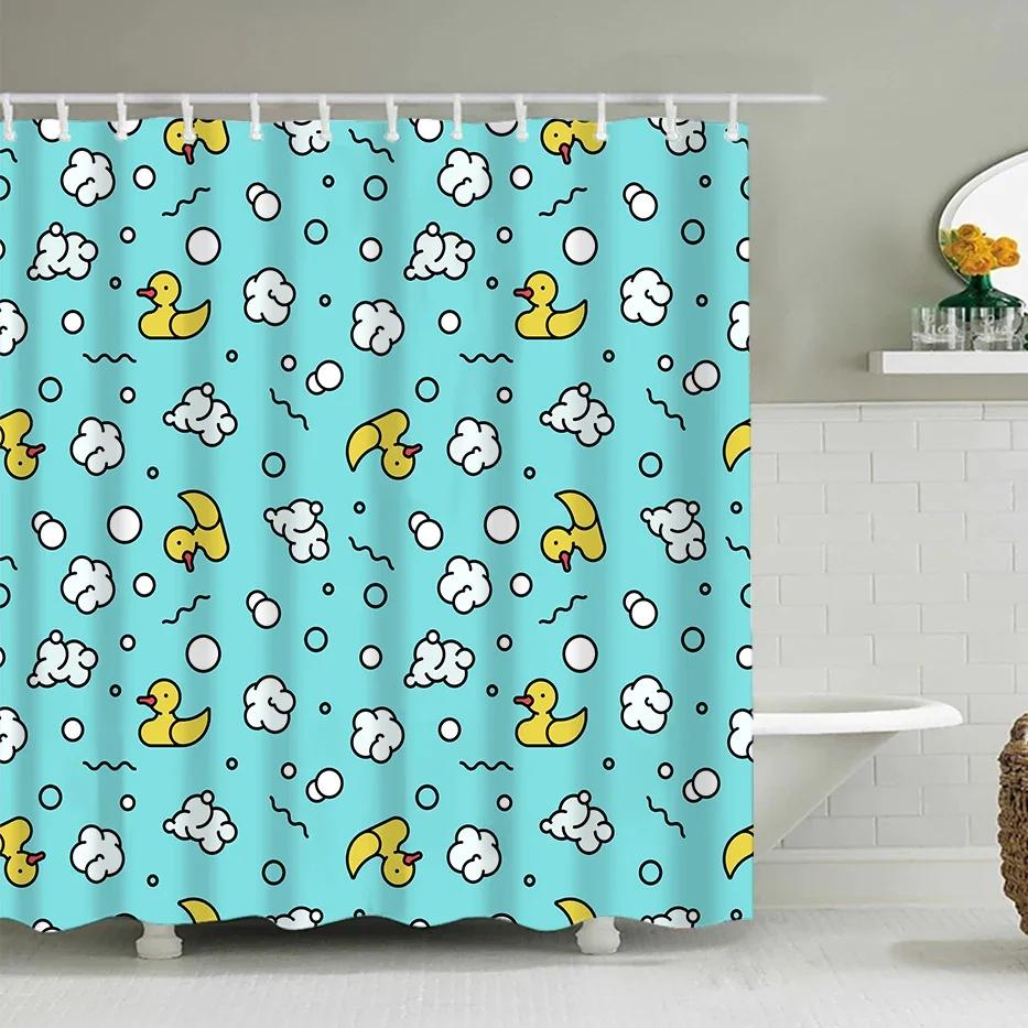 Duck Shower Curtain Cartoon Character Taking A Bath Colorful Drops Backdrop Dots,Cloth Fabric Bathroom Curtains with Hooks