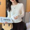 Женская одежда весна осень корейская мода элегантный кружевной ажурный базовый топ женский однотонный O-образный вырез длинный рукав тонкий пуловер топы