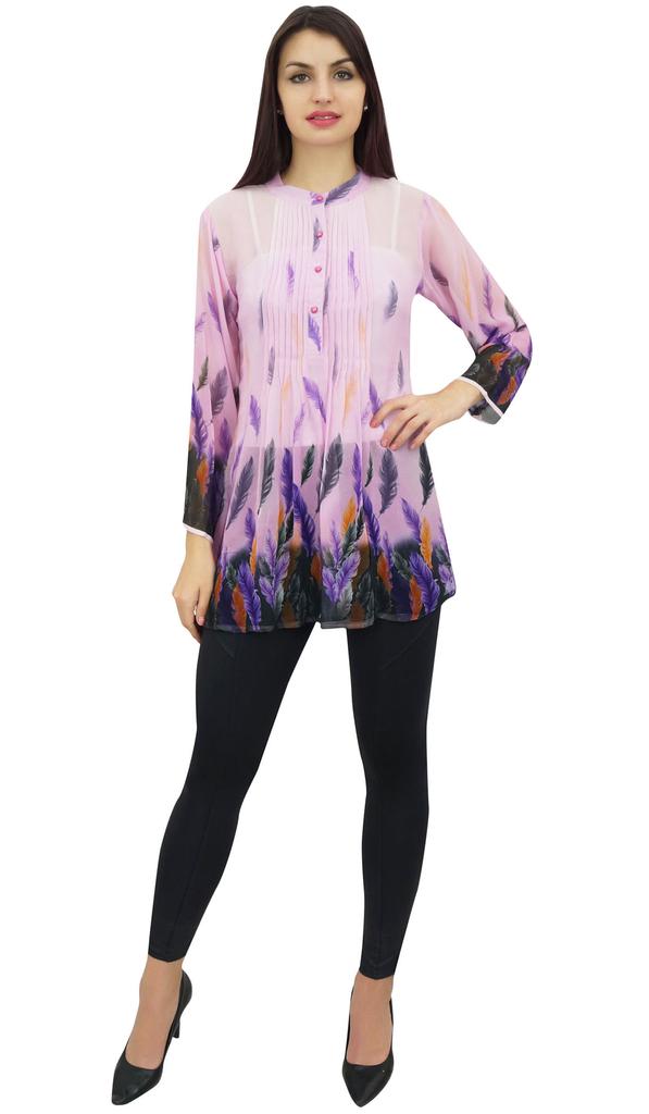 Phagun Pintucks Button Digital Leaf Printed Pink Long Sleeve Loose Tunic