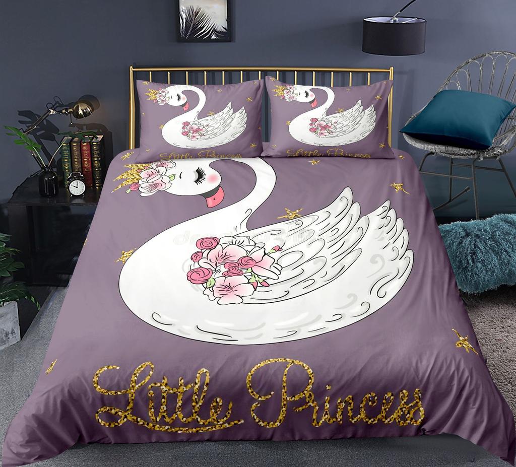Swan Duvet Cover Set Rose Crown Comforter Cover Polyester Bedding Set Sweet Girl Romantic Quilt Cover Pink Red King Twin Size