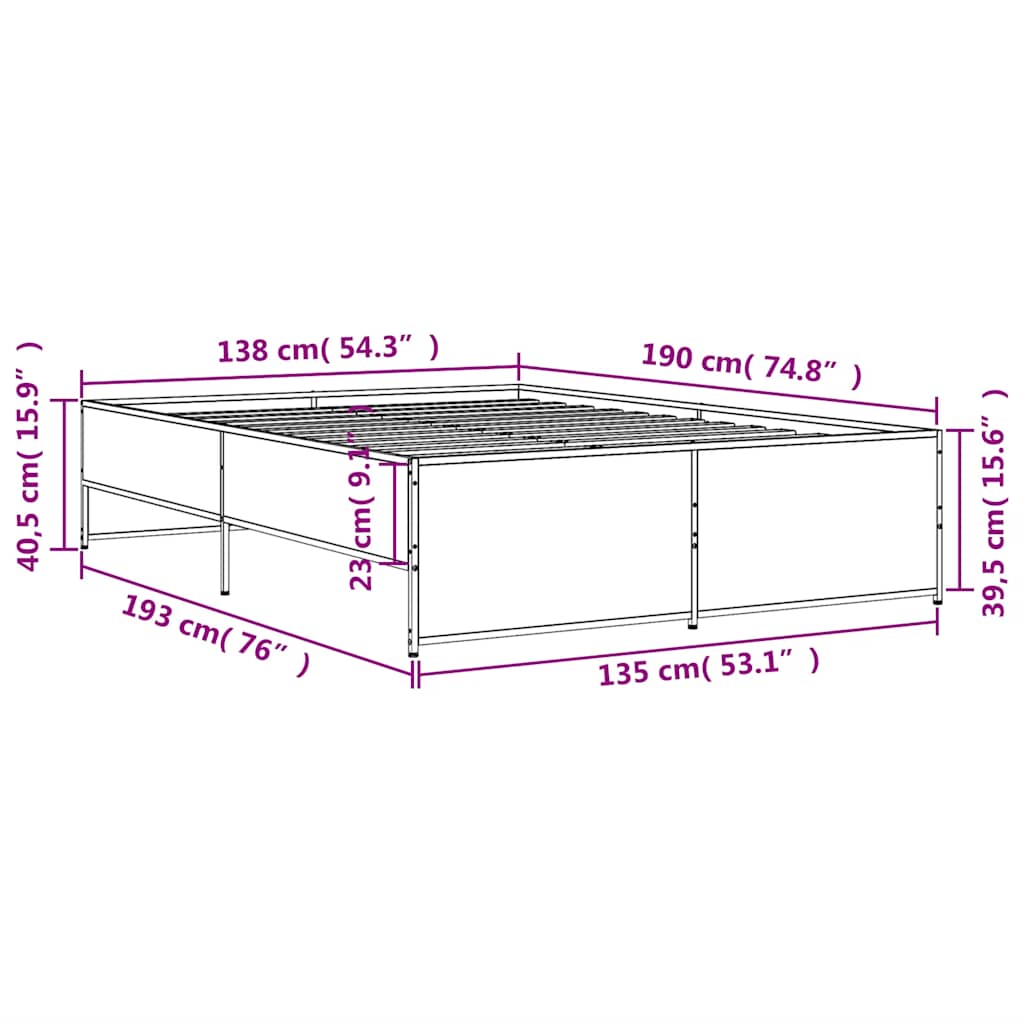Bed Frame Smoked Oak 135 x 190 cm Wood Based Panel and Metal