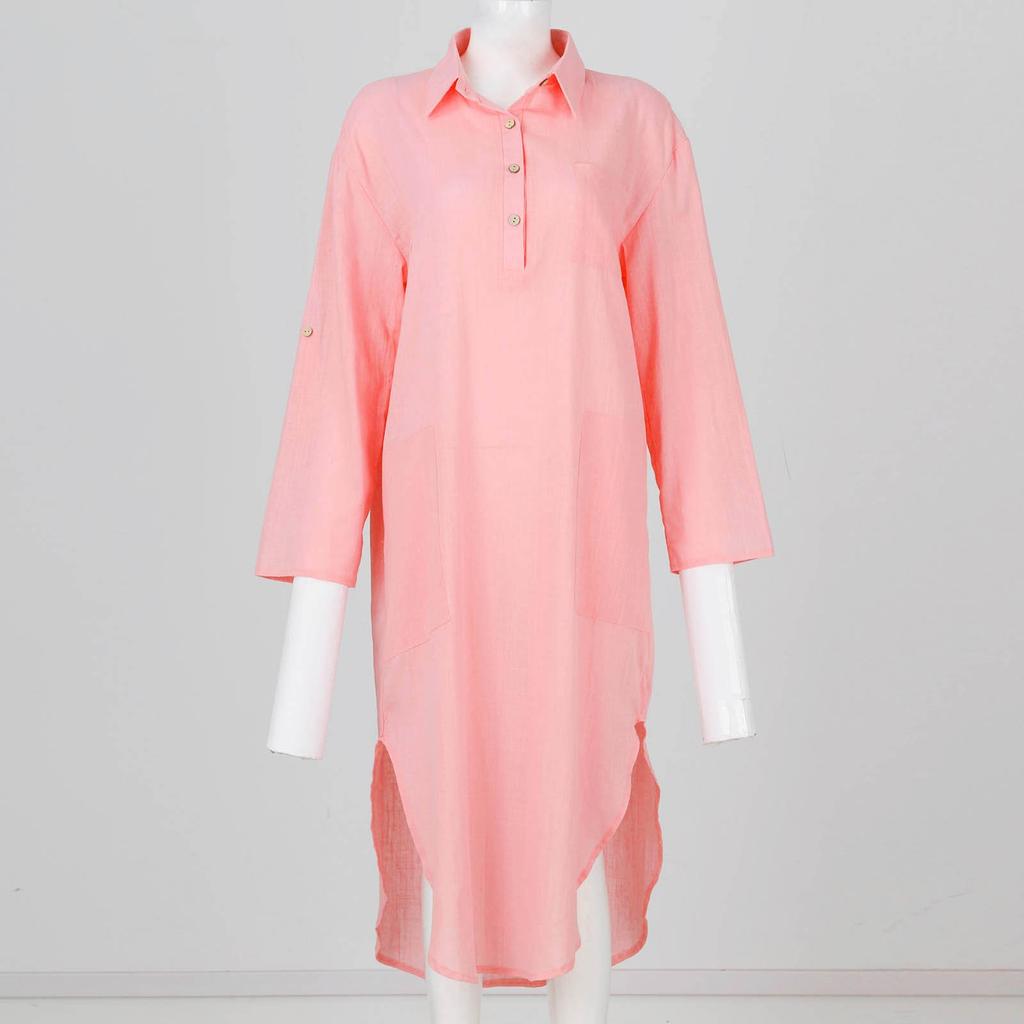 Women's Solid Color Button Slit Loose Breathable Casual Shirt Cotton Linen Dress