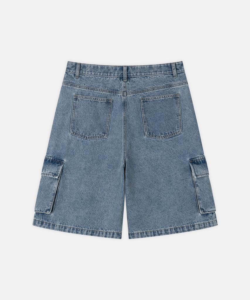DRAW FIT Curved Line Cargo Denim Half Pants [Dusty Blue]