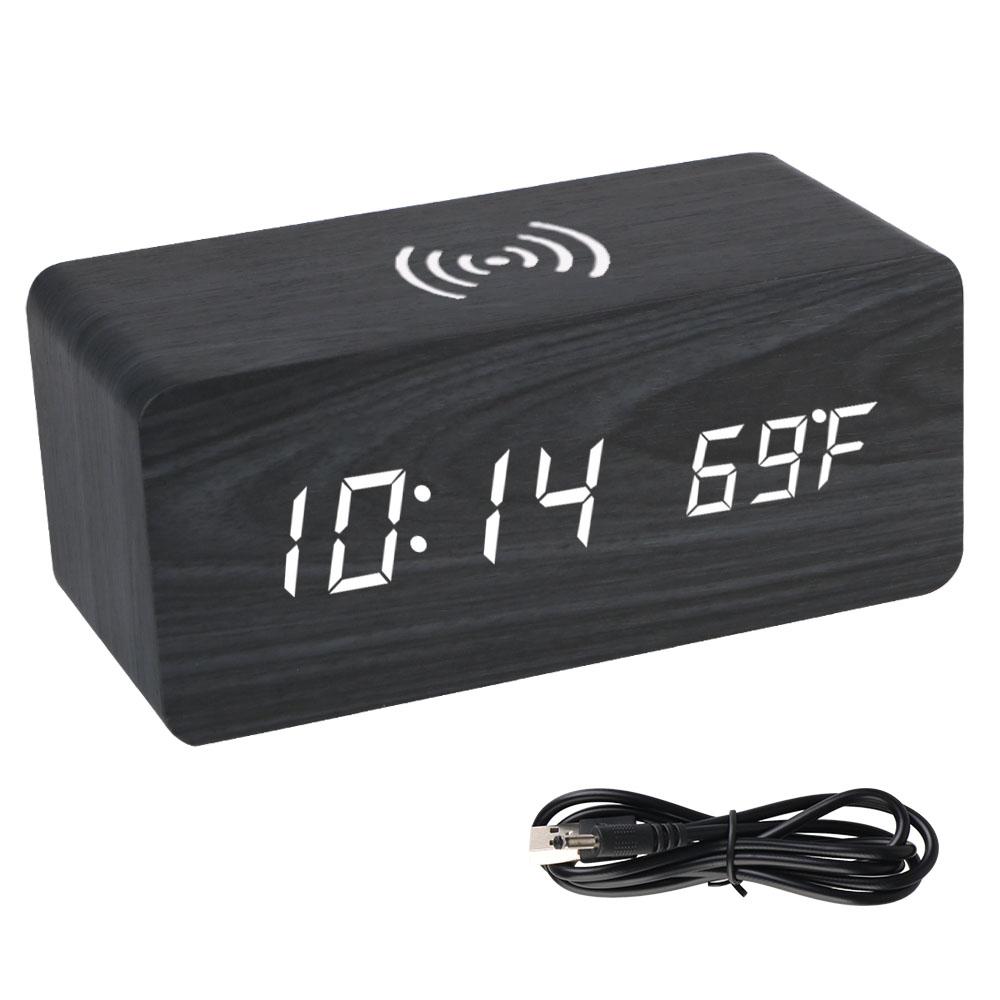 Desk Table Clocks Wooden Digital Alarm Clock Wooden Desk Digital Clock LED Display Temperature Phone Chargers Wireless Charger