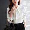 Office Lady Spring Summer Solid Color Blouse Elegant Folds Scarf Collar Bow Chic Pearl Single-breasted Korean Long Sleeve Shirt