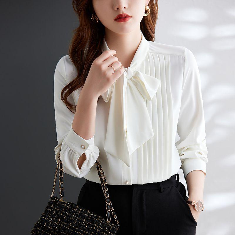 Office Lady Spring Summer Solid Color Blouse Elegant Folds Scarf Collar Bow Chic Pearl Single-breasted Korean Long Sleeve Shirt