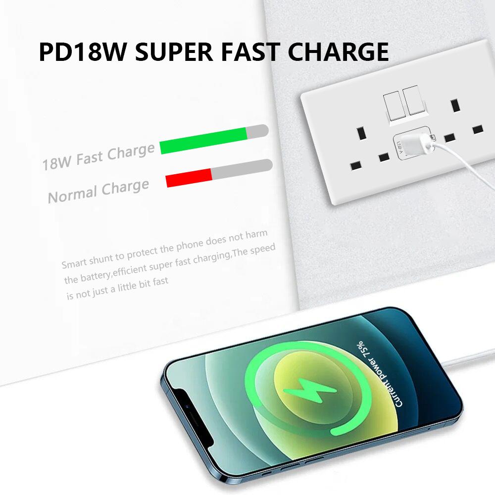 UK 13A Wall Power Socket with USB Type-c 18W Quick Charge Outlet Plug,White Universal Light Switch Double Usb Electrical Socket