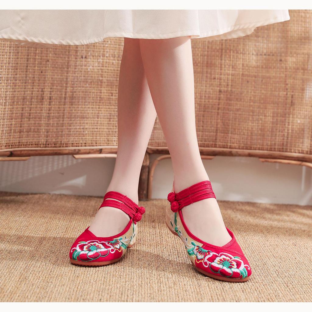Chinese Embroidered Hibiscus Flowers Cloth Shoes Women's Shoes and Linen Tendon Soles