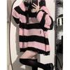 2024 Women’s Black and Pink Striped Loose Sweater - Medium To Long, Lazy Style for Spring & Autumn