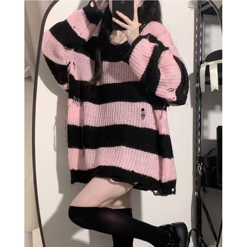 Women's Black and Pink Striped Sweater, Loose Fit, Medium-Long, Lazy Style, 2024 Spring/Autumn Fashion Top.