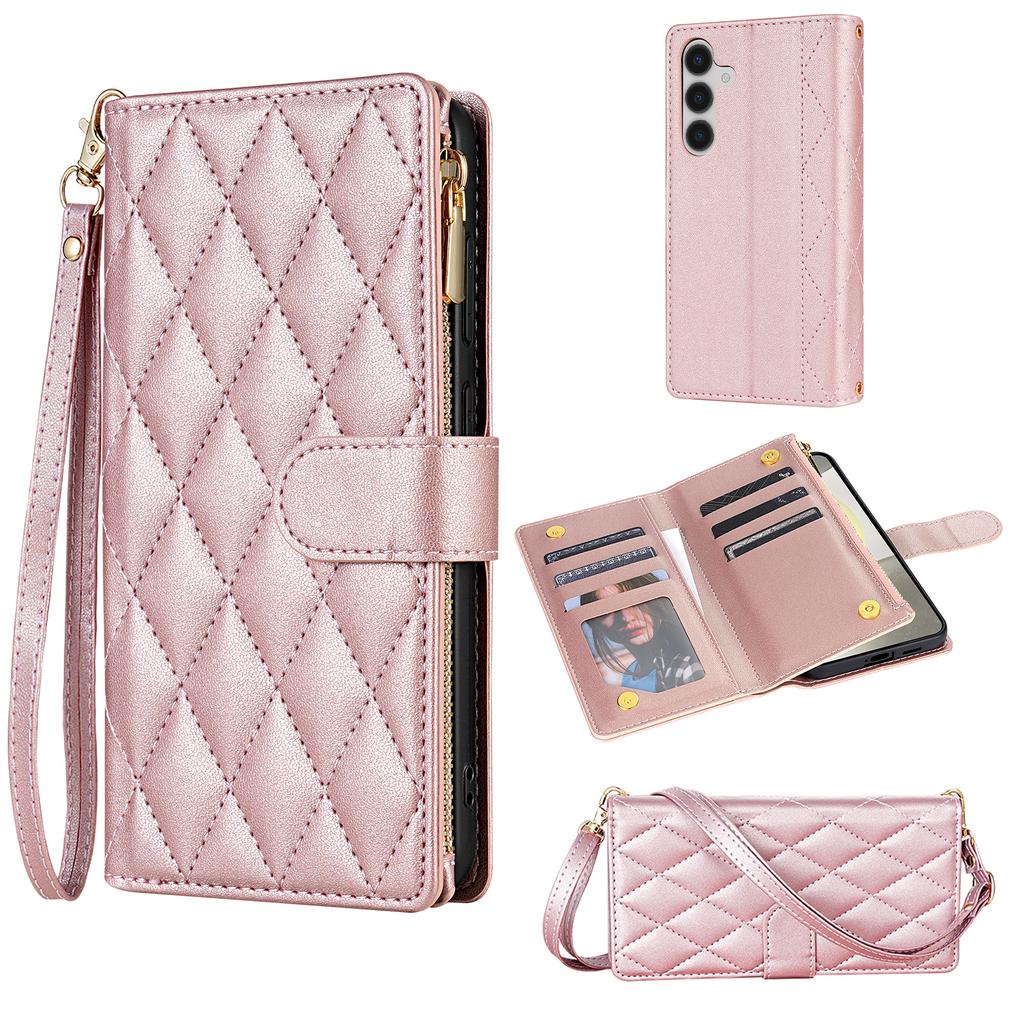 For Samsung Galaxy S26+ Case Rhombus Stitching Leather Wallet Phone Cover with Long  /  Short Strap