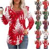 Women's Casual Top Christmas Printed Round Neck Long Sleeved Pleated T-shirt