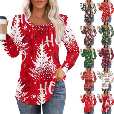 Женская повседневная футболка с круглым вырезом и длинными рукавами с рождественским принтом и складками