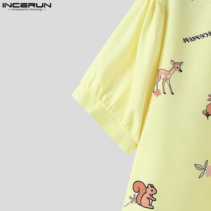 INCERUN Летние мужские повседневные праздничные топы с коротким рукавом и цветочным принтом с лацканами, футболки