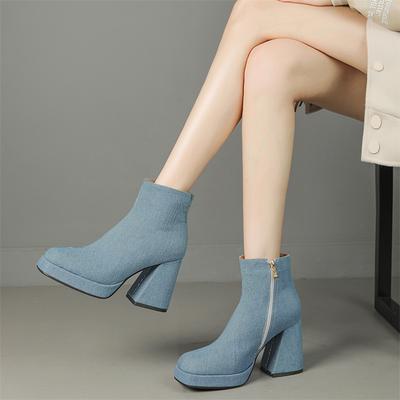 FOREADA Женские ботильоны с квадратным носком, на платформе, на толстом высоком каблуке, на молнии, джинсовые короткие ботинки, женская модная обувь, осень-зима, черные, 43