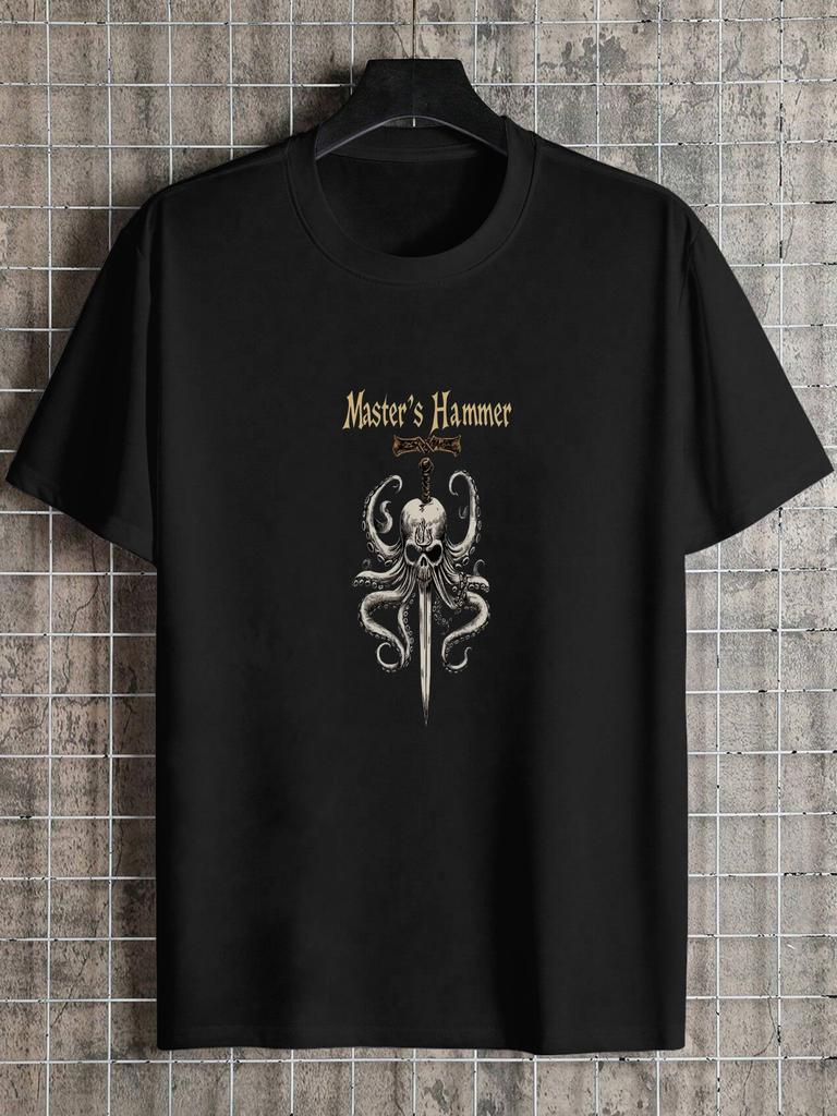 1pc Masters Hammer Gothic Medieval Octopus Graphic T-shirt - 180g Cotton Crew Neck Short Sleeve