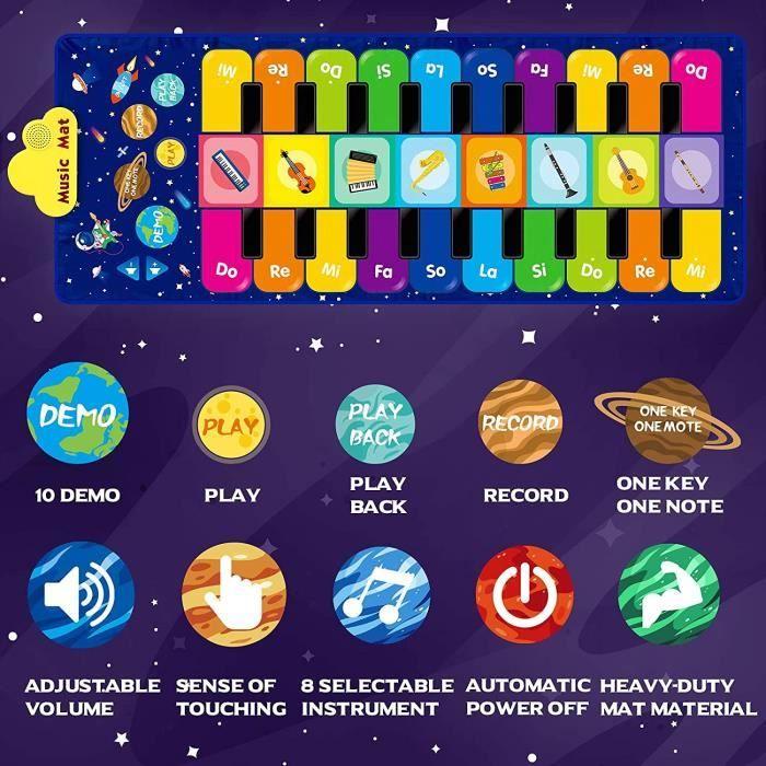 TEHIYOL Tapis Piano Enfant, Ciel Étoilé Tapis Musical Jouets Éducatifs Avec 8 Instruments, 10 Chansons Et 20 Touches, 120 X 48 Cm