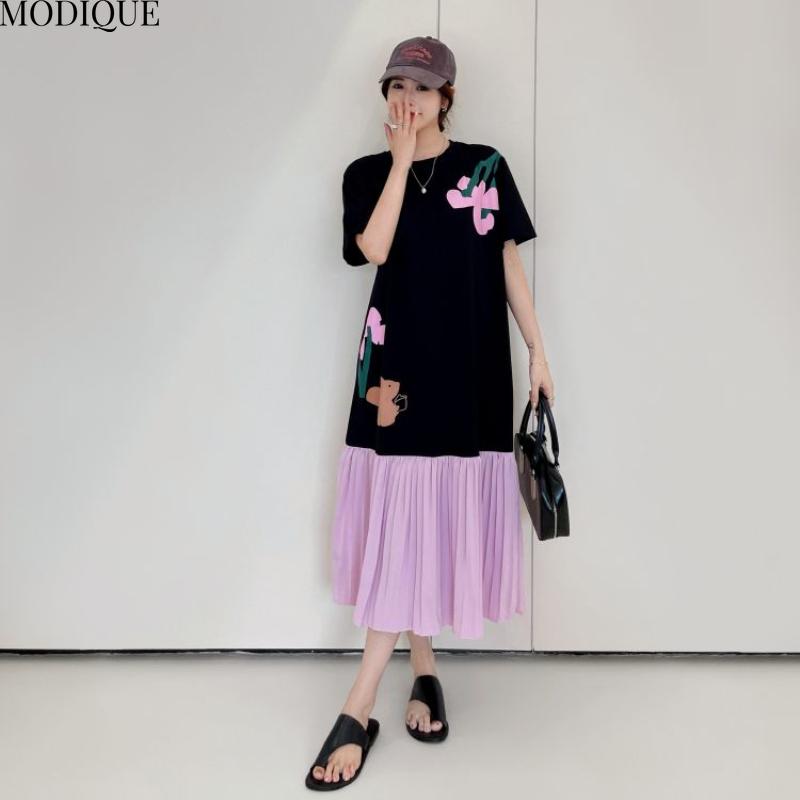 MODIQUE Summer Plus Size New Women Vintage Loose T-Shirt Floral Printing Pleated Patchwork Long Dresses Female Casual Short Sleeve O-Neck Dresses