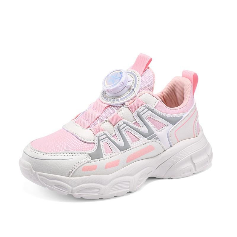 Girls' shoes 2025 autumn new mesh breathable rotating button children's sports shoes soft sole non-slip casual classmate