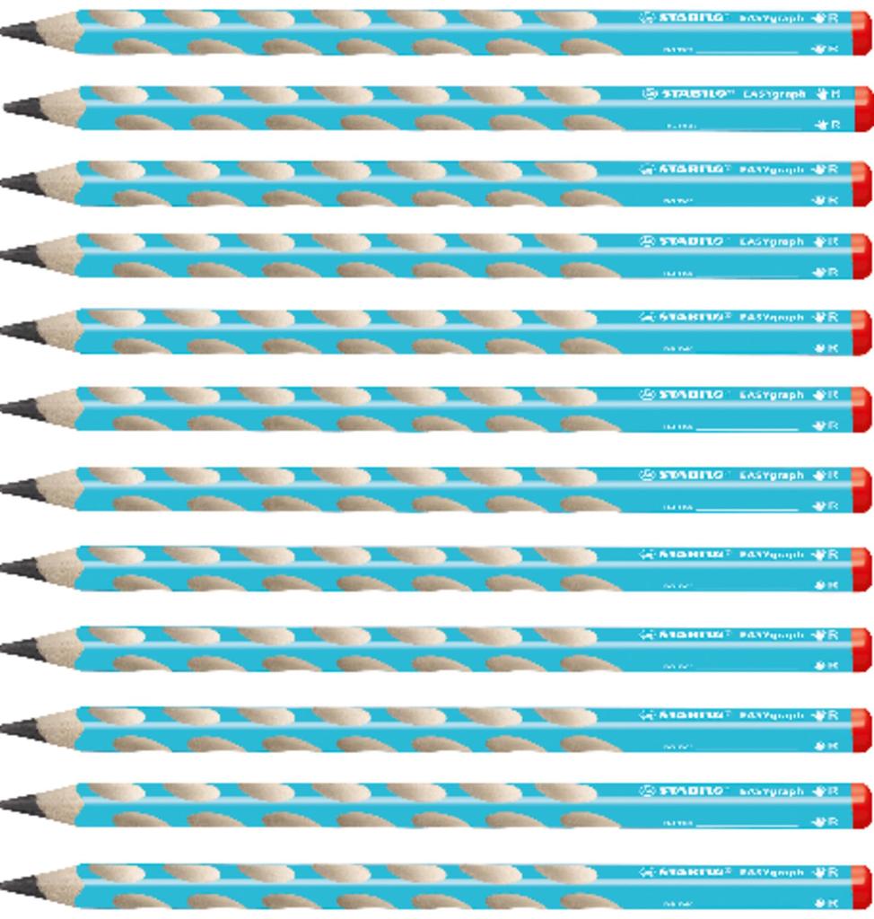 STABILO Карандаш для обучения рисованию Easy Graph 2B, синий, для правой руки, треугольный, с именем, для коррекции, в комплекте для детей, малышей, мальчиков и девочек, 12 штук