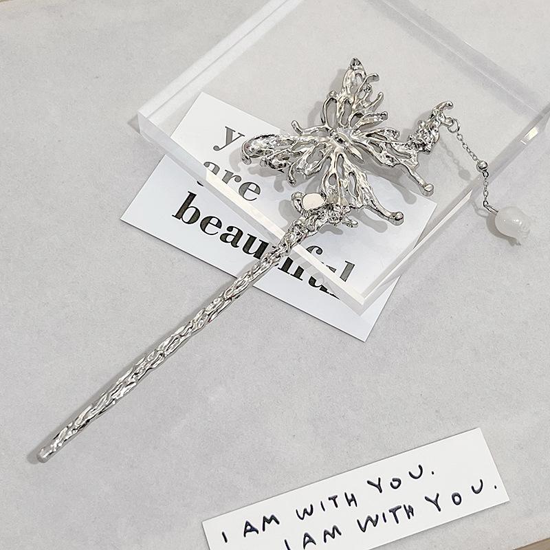 Национальный стиль Новая китайская заколка для волос Жидкий металл Бабочка Заколка Полумесяц Набор Бриллианты Винтаж Бамбуковые сочленения Кисточка Заколка для волос Прическа Заколка