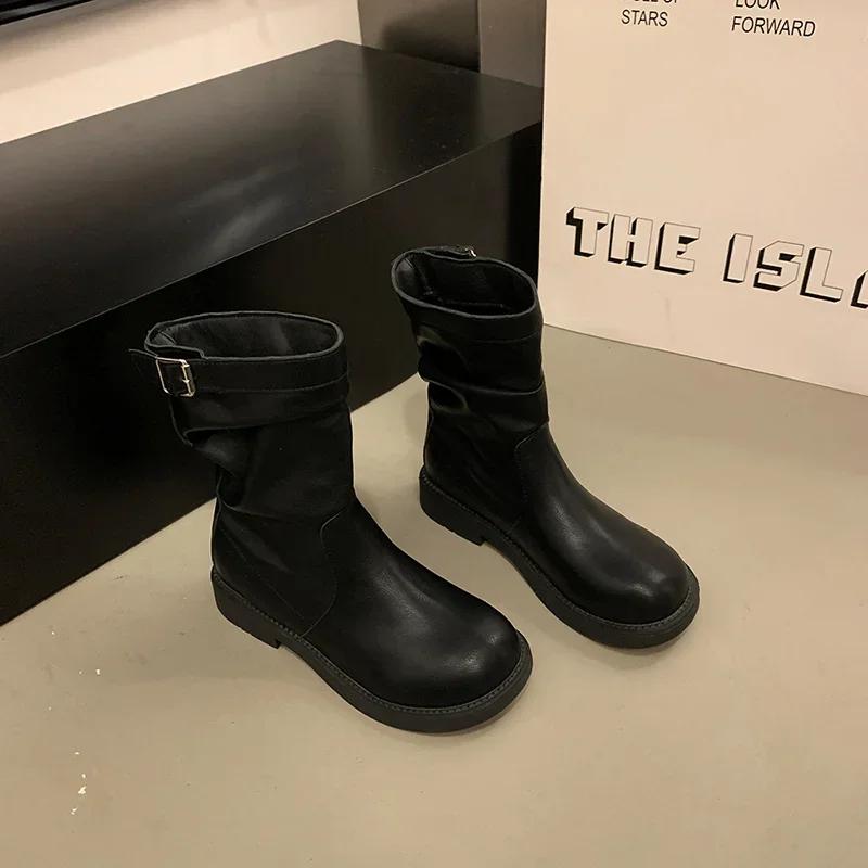 Fashion Low Heel Women Western Cowgirl Boots Fashion Slip On Belt Buckle Shoes Retro Style Autumn Winter Ladies Knight Short Booties