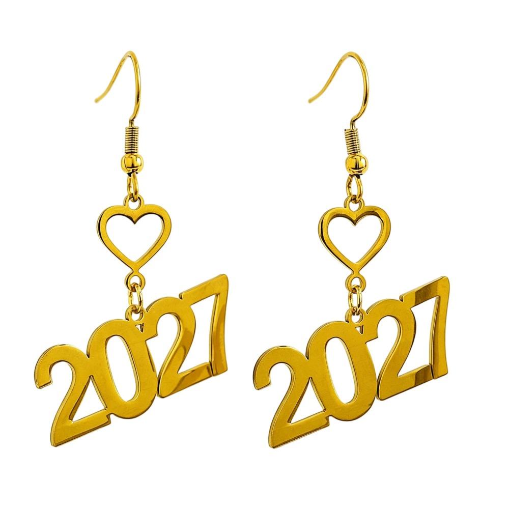 Stainless Steel Happy New Year Earrings Number Gold Stud Earrings Celebration Holiday