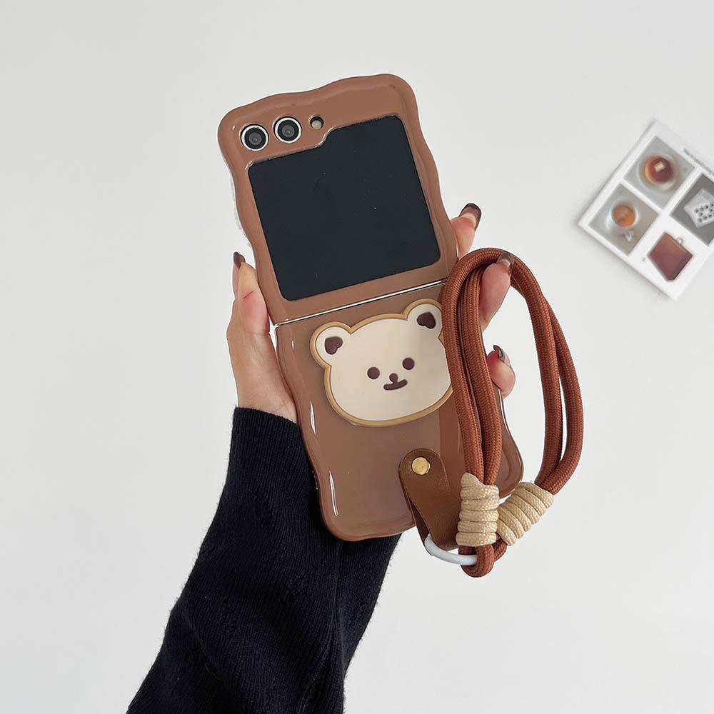 Korean Cartoon Bear Wrist Strap Case For Samsung Galaxy Z Flip 5 Wave Edge Soft Cover For Samsung Z Flip4 z flip3 Thin Case