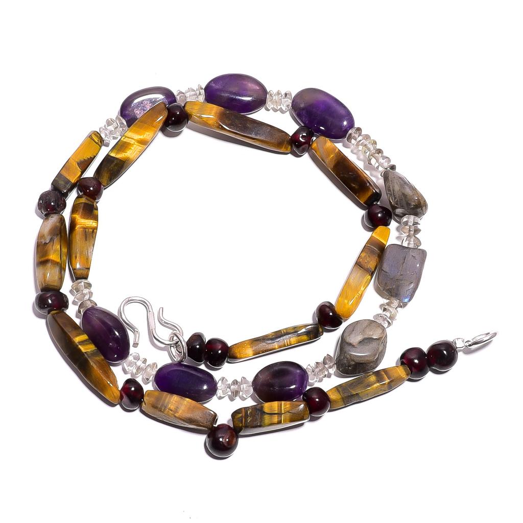 Natural Tiger Eye Amethyst Labradorite Gemstone Smooth Beads Necklace 17" UB4908 UB-4908