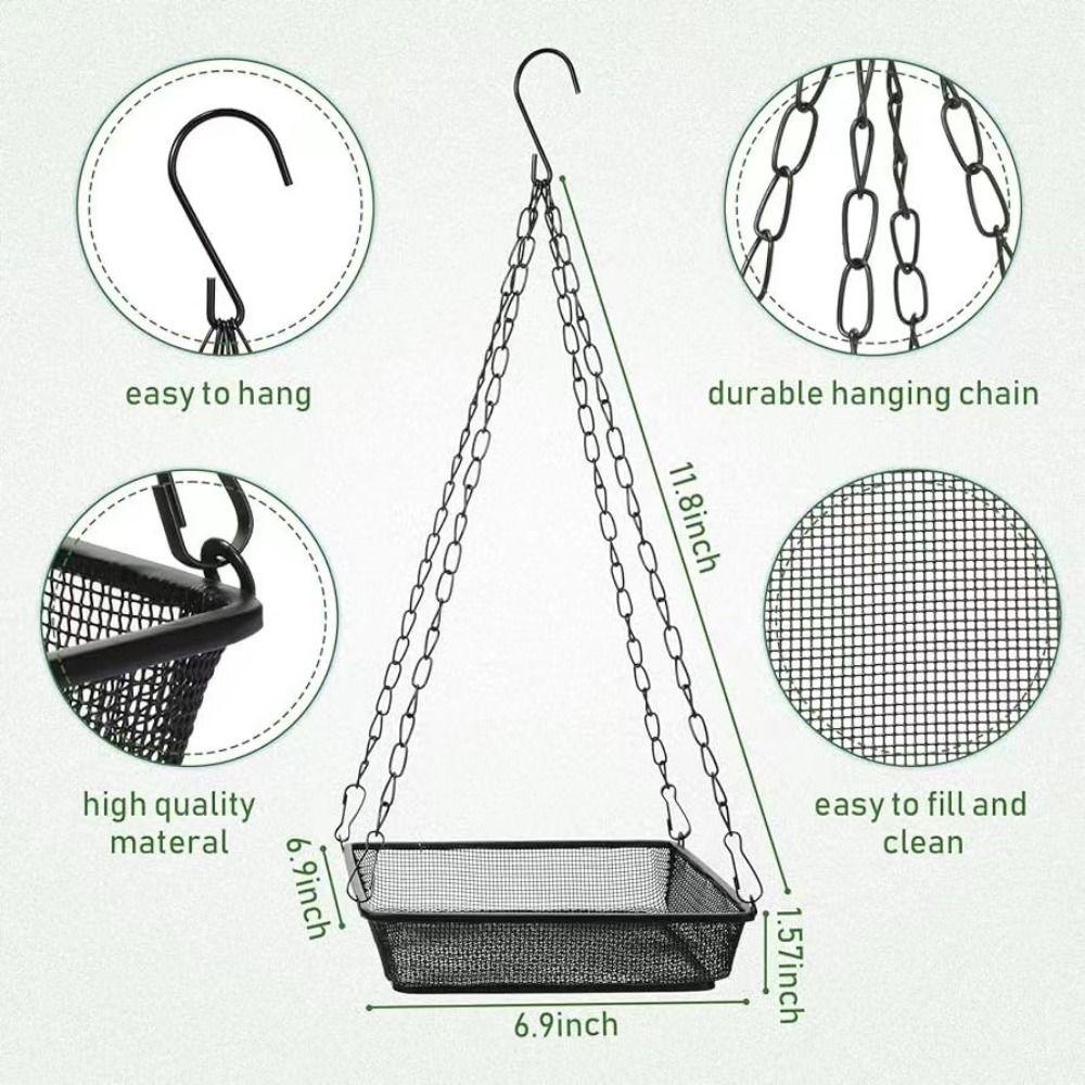 Metal Mesh Hanging Bird Feeder Large Capacity Square Bird Suspended Feeder with Hook Bird Feeding Tray Balcony