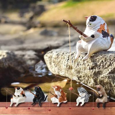 Рыболовная фигурка кота, статуэтка из смолы, мультяшный котенок, скульптура животного, домашний офис, настольный аквариум, украшение для аквариума