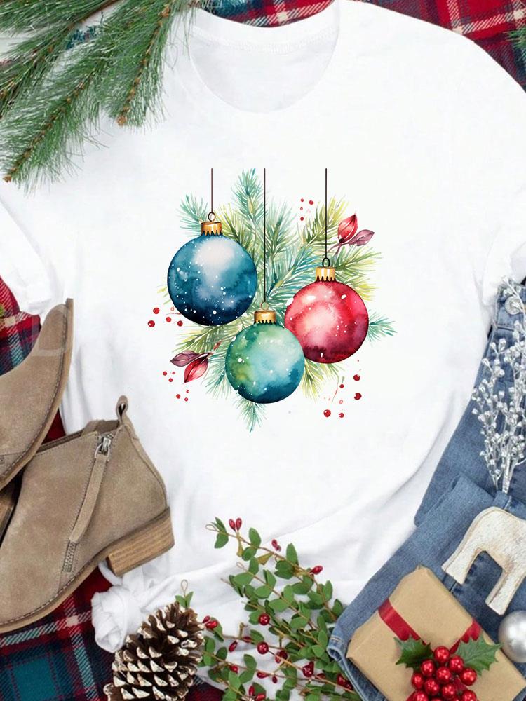 (Азиатский размер) Футболка Новогодний праздник милый стиль письма Счастливого Рождества Топ фестиваль Повседневная Женская Принт Леди Короткий рукав Модные Графические футболки